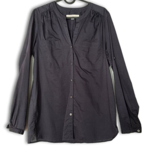 LOFT Ann Taylor 100% Cotton Utility Sleeve Button Down Shirt Top Navy Blue Sz S - Picture 1 of 9